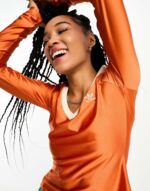 Adidas Originals Adi color 70s V-neck top in orange - Image 4