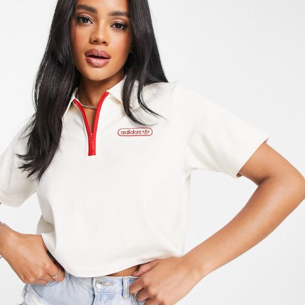 Adidas Originals Resort cropped polo t-shirt in off white with red trim detail