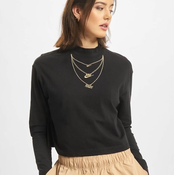 Nike mock neck long sleeve t-shirt in black with faux layered necklace print
