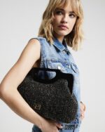 Black Metallic Raffia Clutch Bag