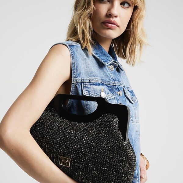 Black Metallic Raffia Clutch Bag