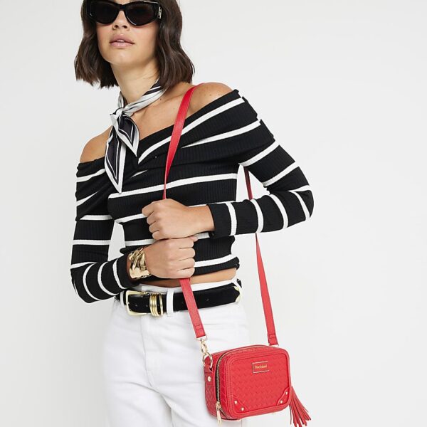 Red Weave Oval Cross Body Bag