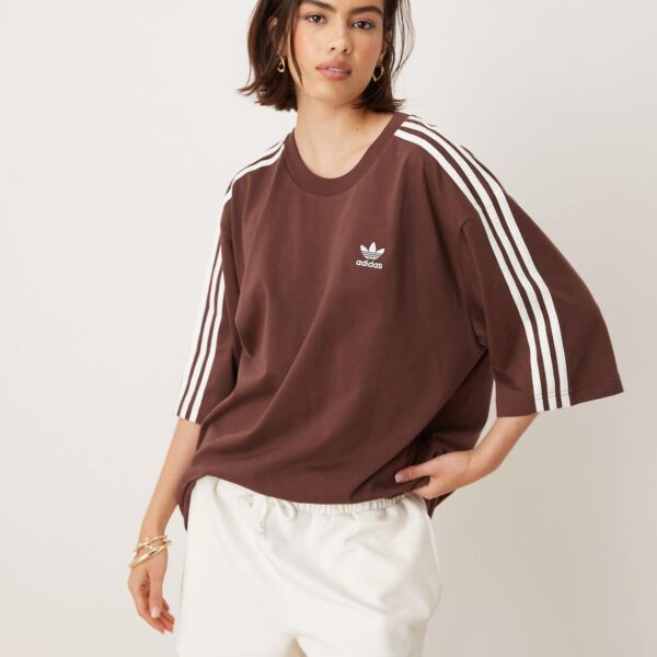 Adicolor 3 stripe oversized t-shirt in brown